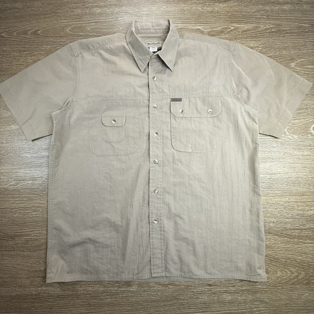 Vintage Woolrich Outdoor Shirt Men's L Tan Short Sleeve Button Front Utility EUC